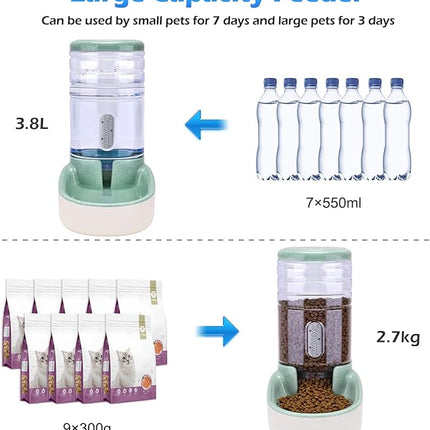 Automatic Dog Cat Feeder and Water Dispenser Gravity Food Feeder and Waterer Set with Pet Food Bowl for Small Medium Dog Puppy Kitten, Large Capacity 1 Gallon x 2