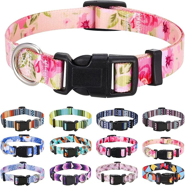 Dog Collar with Bohemia Floral Tribal Geometric Patterns - Soft Ethnic Style Collar Adjustable for Small Medium Large Dogs（ Pink Rose, M ）
