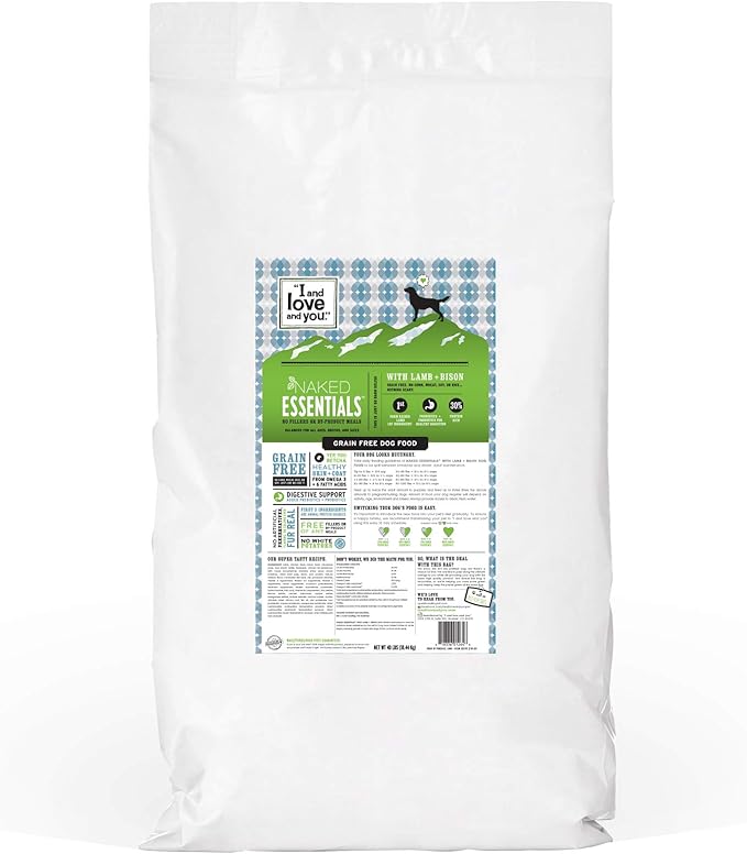 I and love and you Naked Essentials Dry Dog Food - Lamb + Bison - High Protein, Real Meat, No Fillers, Prebiotics + Probiotics, 40lb Bag