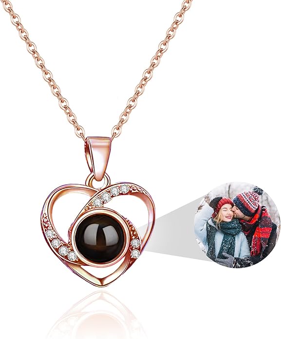 Easycosy Personalized Picture Necklace Projection Necklace with Photo Inside - Custom Photo Heart Pendant Necklace - Photo Gifts Valentines Birthday Love Memorial Gifts for Girlfriend Wife Women