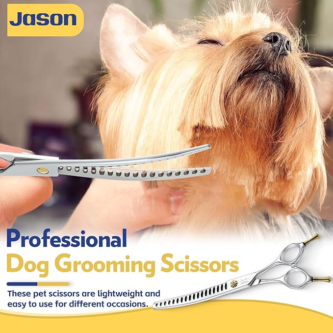 JASON Dog Scissors for Grooming - 7" Up-curved Chunker Shears with 65%-70% Thinning Rate, Professional Japanese 440C Stainless Steel Dog Grooming Chunkers with Adjustable Screw (18 Teeth, Silver)