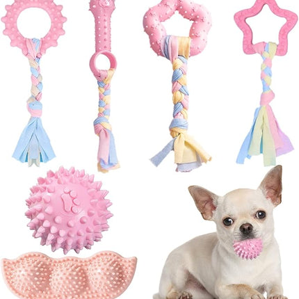 6 Pack Puppy Teething Toys Cute Pink Puppy Chew Toys for Teething Small Breed Dog Chew Toy Interactive Pet Toy Set for Puppies to Keep Them Busy Soft Durable Small Breed Doggy Chewing Ball