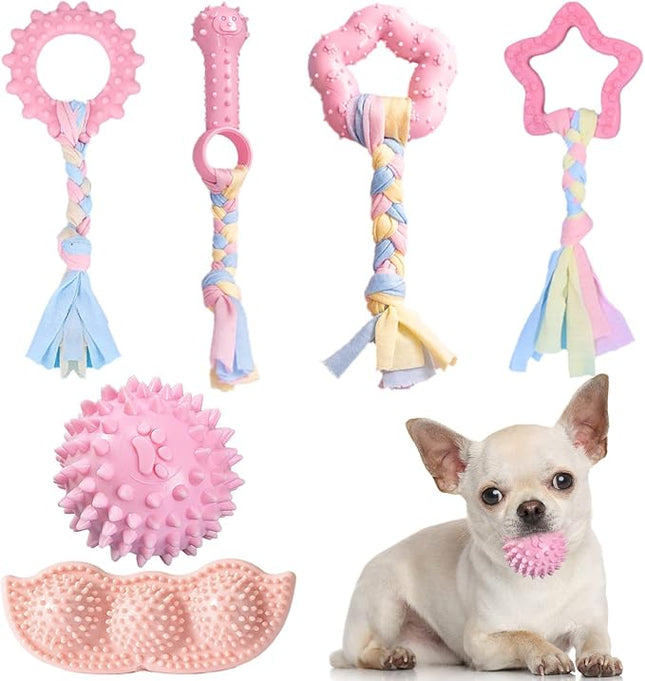 6 Pack Puppy Teething Toys Cute Pink Puppy Chew Toys for Teething Small Breed Dog Chew Toy Interactive Pet Toy Set for Puppies to Keep Them Busy Soft Durable Small Breed Doggy Chewing Ball