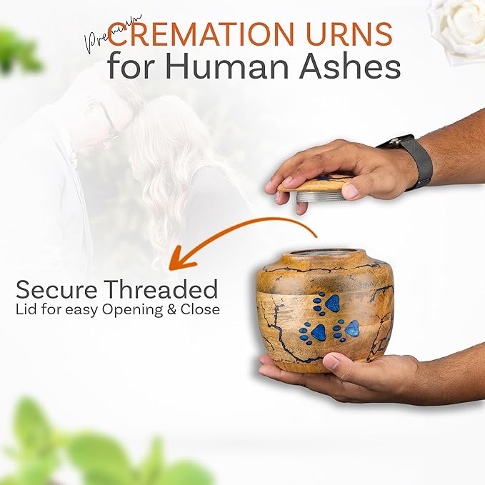 INTAJ Wooden Pet Urns for Dogs/Cats Ashes - Blue Resin Paws & Lichtenburg Design - Keepsake Cremation Urn Box, Pet Memorial Wooden Urns for Ashes, Small to Large Sizes (Odyssey, Medium)