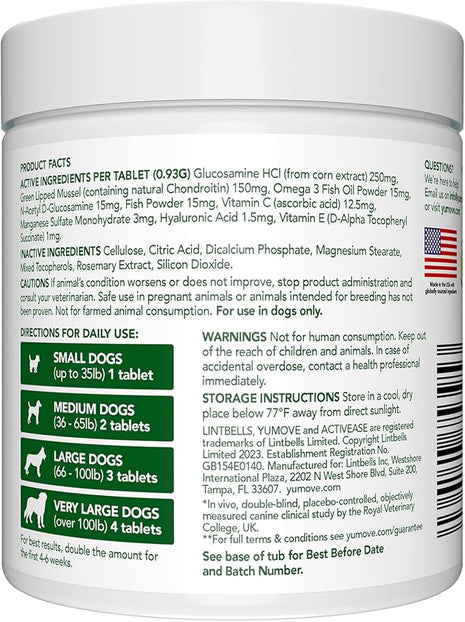 Yumove Hip & Joint Supplement for Dogs - with Glucosamine Chondroitin, Omega 3, Hyaluronic Acid, Green Lipped Mussel & Fish Oil for Dogs - Senior Dog Joint Supplement (120ct Chewable Tablets)