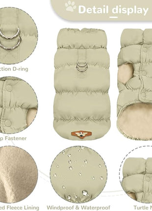 Winter Warm Dog Jacket for Small Medium Dogs Cat Cold Weather Coats with Harness Paded Dogs Fleece Vest Waterproof Windproof Dog Snow Jacket Pet Puppy Clothes (Khaki,L)