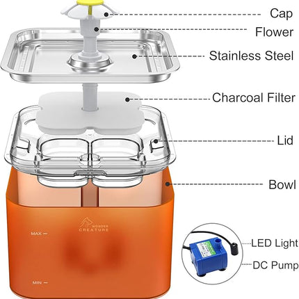 Crystal Cat Water Fountain Stainless Steel with 4 Filters and 4 Sponges, 101oz/3L Pet Fountain with LED Light for Cats and Dogs (Orange)