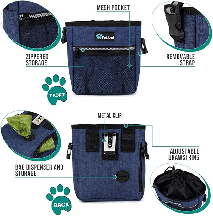 PetAmi Dog Treat Pouch, Pet Treat Pouch for Training, Dog Walking Bag Holder for Kibbles, Pet Food Toy, Dog Trainer Essentials Supplies, Poop Bag Dispenser, 3 Ways to Wear (Heather Navy)