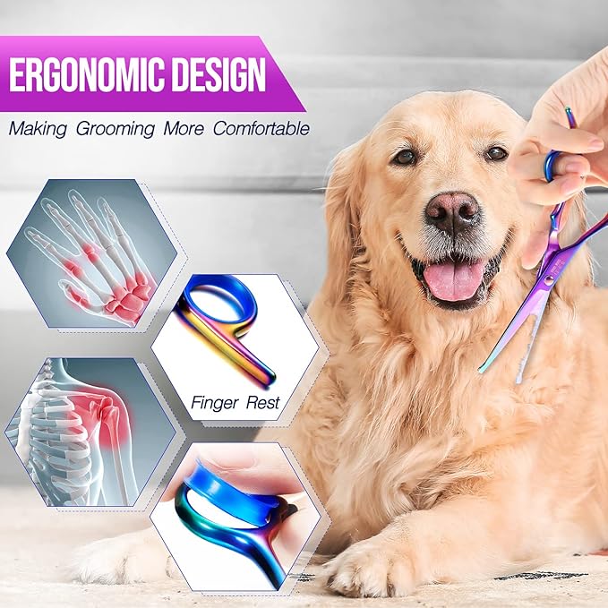 Gimars Dog Grooming Scissors Kit Professional 4CR with Safety Round Tip, 5 in 1 Heavy Duty Titanium Coated Thinning & Curved & Straight Shears