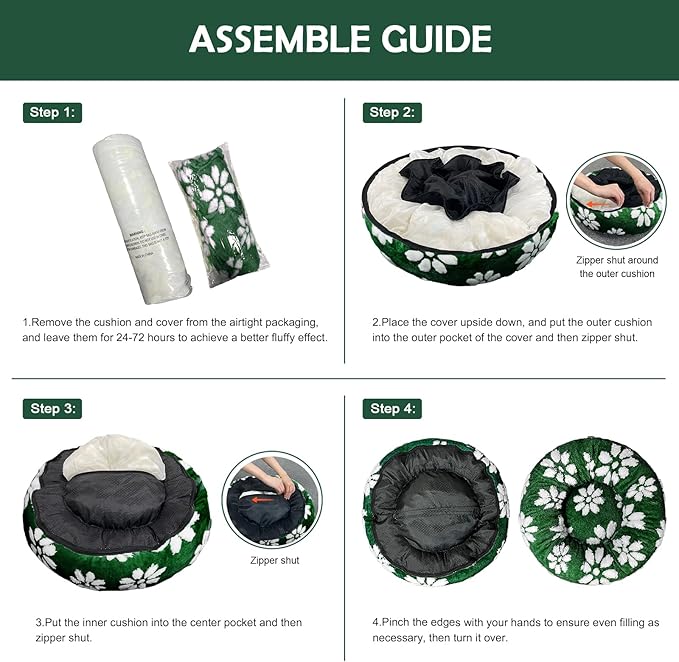 Donut Dog Beds for Small Dogs, Calming Round Cat Beds for Indoor Cats, Cute 3D Textured Flower Pet Bed with Removable Washable Cover and Anti-Slip Bottom（Green，23"）