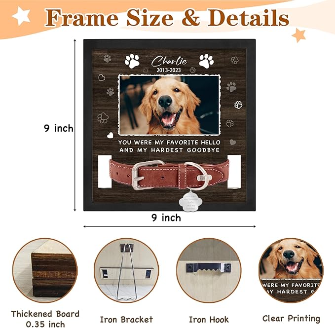 Personalized Pet Memorial Gifts Picture Frame, in Memory of Dog Passing Away Sympathy Gifts for Loss of Dog, Cat Memorial- Fits 3 Collar Lengths