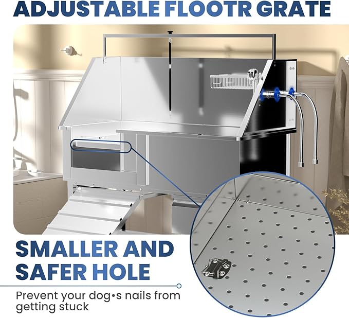 Dog Washing Station for Home,Professional 46" Stainless Steel Dog Bathing Station Height Adjustable Dog Wash Station Dog Grooming Tub Stair, Drawer, Floor Grate & Fauct (Left Ramp)