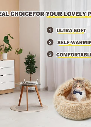 Cat Bed for Indoor Cats, Calming Cozy Cave with Self-Warming Plush, Entire Bed Machine Washable & Anti-Slip Base, Breathable Pet Bed for Small Cats&Dogs All Seasons (Apricot Color, 20 * 20inch)