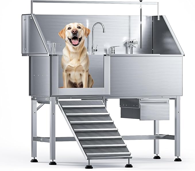 Dog Washing Station,56" Professional Stainless Steel Dog Bathing Station for Large Dog Height Adjustable Dog Wash Station for Home Dog Grooming Tub with Drawer, Floor Grate & Fauct (L-Ramp)