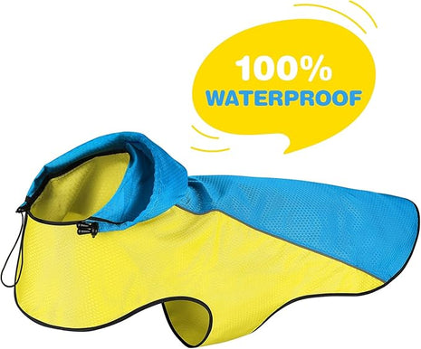 BiPawTi Dog Rain Jackets for Medium Dogs, Lightweight Reflective Safety Pet Rain Jacket, Waterproof Dog Raincoat with Hood/Leash Hole/Reflective Strip - Yellow + Blue, M