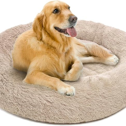 Friends Forever Donut Dog Bed Faux Fur Fluffy Calming Sofa For Large Dogs, Soft & Plush Anti Anxiety Pet Couch For Dogs, Machine Washable Coco Pet Bed with Non-Slip Bottom, 36"x36"x8" Tan