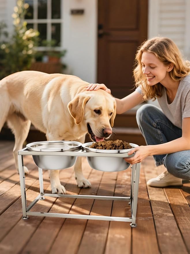 89OZ Large Capacity Raised Dog Bowls for Large Dogs - Full Metal 3 Height Adjustable (10", 12", 14") Food Water Bowl, Stainless Steel Medium Dog Elevated Bowl for Relief Joint Pressure