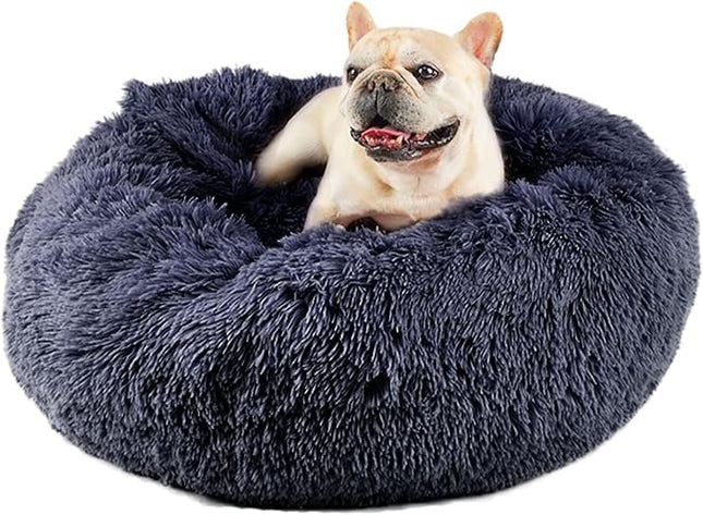 Himax Medium Dog Bed, Round Dogs Beds with Blanket Attached, Comfort Fluffy Calming Dog Bed Washable (20"/26"/35") Deep Grey