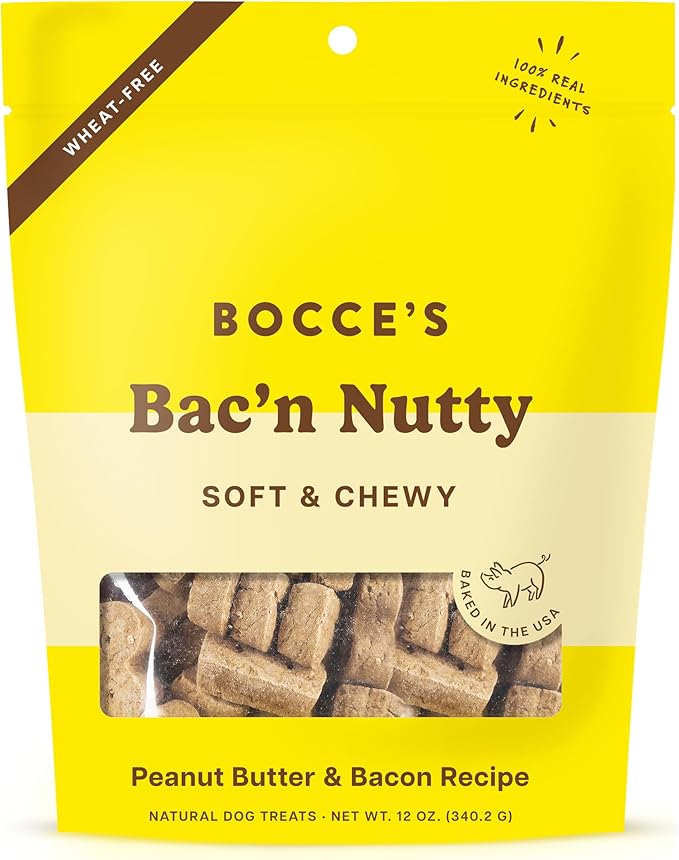 Bocce's Bakery Bac'n Nutty Soft & Chewy Dog Treats, Wheat-Free PB & Bacon Flavored All Natural Limited Ingredient Oven Baked Cookies for Dogs, 12 oz