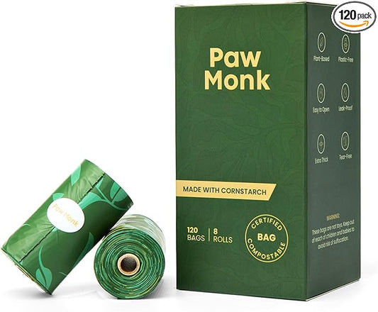 Paw Monk Certified Home Compostable Dog Poop Bags Rolls – Extra Thick, Strong & Leakproof, Easy Open – 120 Count Unscented Plant Based Pet Waste Bags