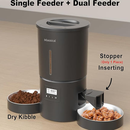 Dual Automatic Cat Feeder 2 Cats,6 Meals/Day,12 Portions/Meal,4.2L Dual Power Double Bowls Feeder,Dry Food Auto Pet Dispenser,10S Voice Record,Flexible Schedule Timer (Black,Stainless Dual Bowls)