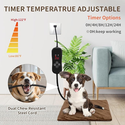 NAMOTEK Pet Heating Pad Adjustable Temperature with Timer, Waterproof Heated Mat with Chew Resistant Cord, Auto Power-Off Electric Indoor Pet Heat Pad for Dogs and Cats