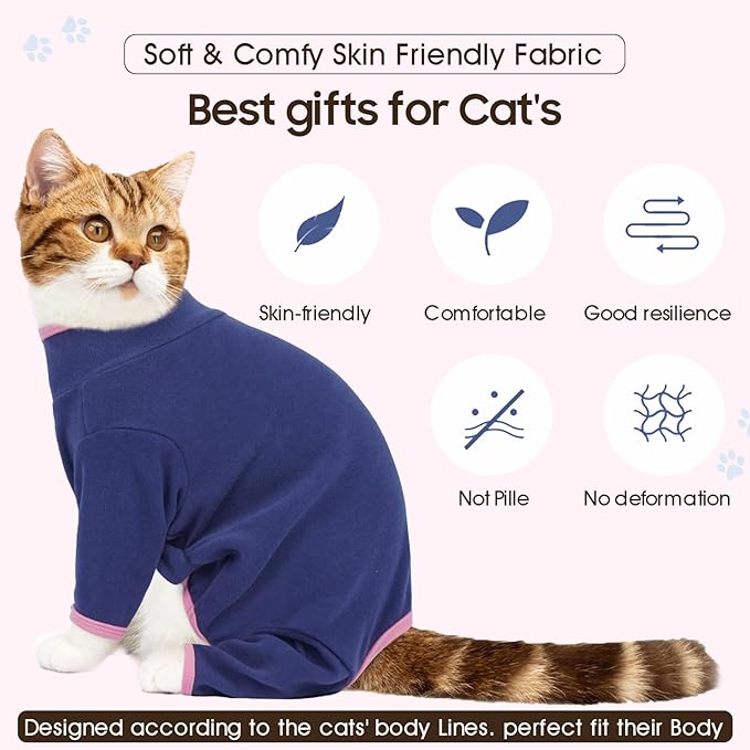 DENTRUN Cat Clothes for Hair Control with Hair Sticky Fabric - Soft Recovery Suit & Breathable Lint-Resistant Cat Sweater for Cats Only, Kitten Onesie Pajamas, XL, Blue