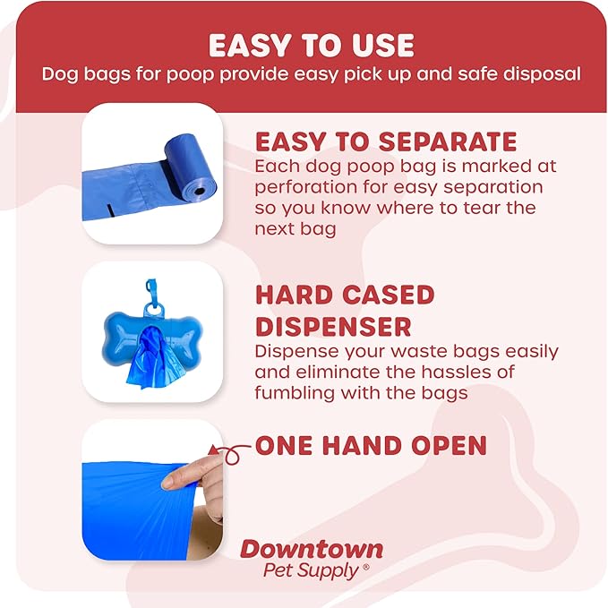 Downtown Pet Supply Poop Bags for Dogs with Dispenser, 180 Count - Leak-Proof Dog Waste Bags and Bone-Shaped Dog Poop Bags Holder for Leash - Blue, 12.5" x 8.5"