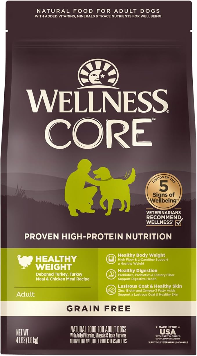 Wellness CORE Dry Dog Food, Grain-Free, High Protein, Natural, Healthy Weight Turkey & Chicken Recipe, (4-Pound Bag)