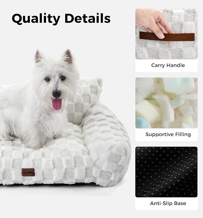 MADE 4 PETS Cat Beds for Indoor Cats, Cat Couch Bed, Soft Faux Fur Checkered Pet Sofa, Calming Fluffy Kitten Sofa with Supportive Foam, Removable Washable Cover with Non-Slip Base, White, Small