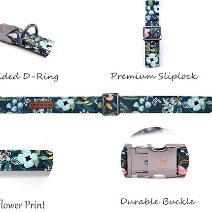 Elegant little tail Dog Collar, Floral Pet Collar Durable Darkblue Flower Dog Collars Male or Female Holiday Pet Gift Adjustable Dog Collar for Large Dogs