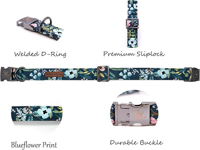 Elegant little tail Dog Collar, Floral Pet Collar Durable Darkblue Flower Dog Collars Male or Female Holiday Pet Gift Adjustable Dog Collar for X-Large Dogs