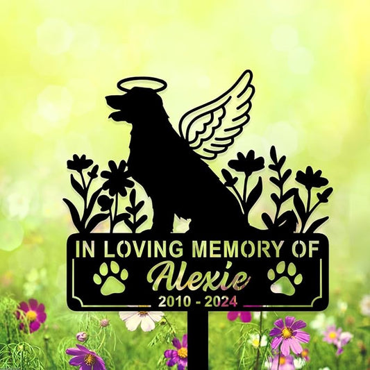 Personalized Dog Memorial Grave Marker, Custom Pet's Name Cemetery Decorations for Funerary, Metal Dog Burial Garden Stake, Outdoor Sympathy Angel Handstone Stake Plaque Gift for Loss