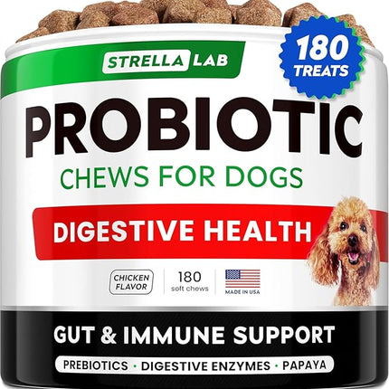 STRELLALAB Dog Probiotics Chews + Enzymes Gut Health Support - Anti Gas, Diarrhea and Upset Stomach Immune Supplement - Digestion Treats with Fiber (180Ct, Chicken)