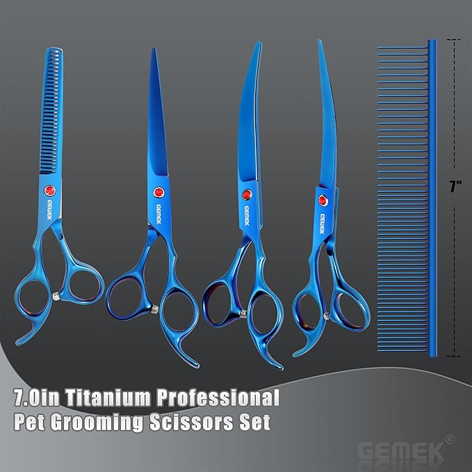 7.0in Titanium Blue Professional Pet Grooming Scissors Set, GEMEK 6 in 1 Straight & Thinning & Upwards Curved & Downwards Curved Scissors & Comb for Dogs, Cats (Blue)