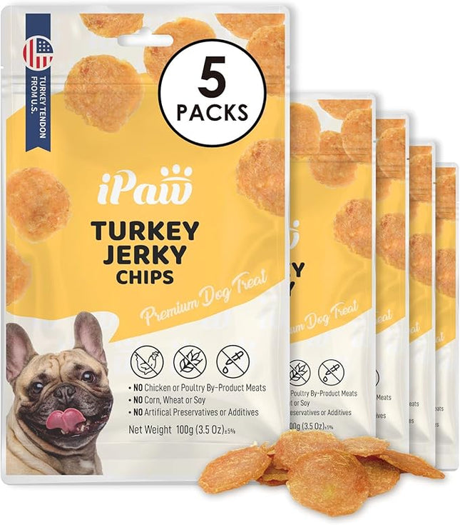 iPaw Turkey Chips Dog Treats for Puppy Training, All Natural Human Grade Dog Treat, US Sourced Raw Material, Hypoallergenic, Easy to Digest (Turkey Chips), 5 Packs