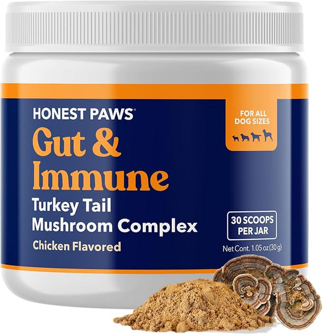 Honest Paws Turkey Tail Mushroom for Dogs - Digestive and Immune Support - Shiitake, Reishi, Maitake Mushroom Supplement Powder for Dogs - No Filler, No Additives - (30 Scoops)