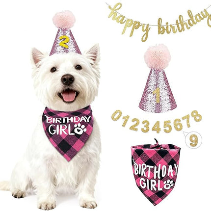 LESYPET Dog Birthday Party Supplies, Dog Birthday Hat with Bandana, and Banner, Cat Decorations Set for Party, Pink
