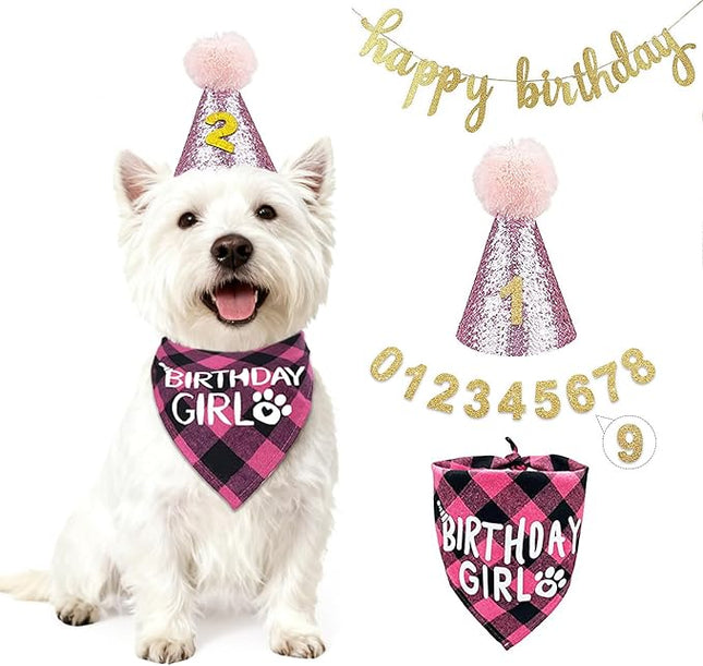 LESYPET Dog Birthday Party Supplies, Dog Birthday Hat with Bandana, and Banner, Cat Decorations Set for Party, Pink