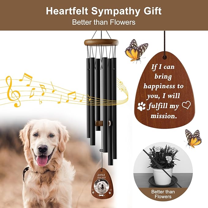 Dog Memorial Gifts for Loss of Dog - Personalized Pet Memorial Wind Chimes Pet Loss Sympathy Gift Wind Chimes for Outdoor Remembrance Gift by Bemaystar (Black