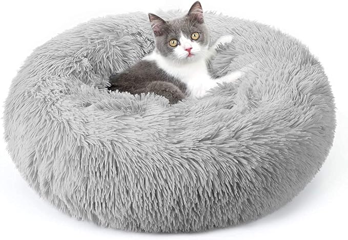 rabbitgoo Cat Beds for Indoor, 20 inches Machine Washable, Fluffy Round Pet Bed Non-Slip, Calming Soft Plush Donut Cuddler Cushion Self Warming for Small Dogs Kittens, Light Grey, Medium