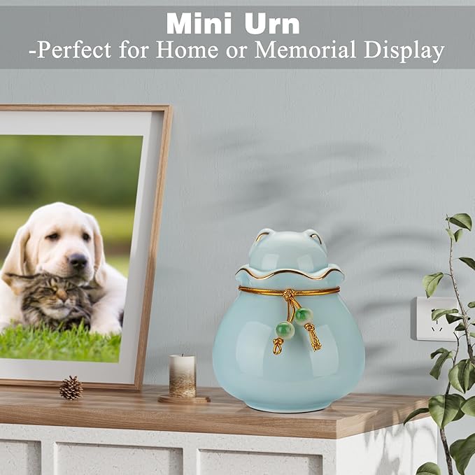 SOITIS Engraving Pet Memorial Urn for Cat or Dog Ashes - 3.54"x3.15" Elegant Ceramic Keepsake Holder with Cat-Shaped Lid & Gold Trim, Small Blue Urn for Pet Ashes