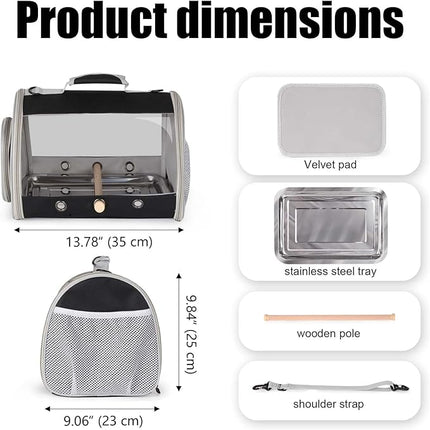 Bird Carrier, Portable Small Bird Cockatiel Conure Parrot Parakeet Carrier with Standing Perch and Stainless Steel Tray, Side Access Window Collapsible (Black, Cylinder Design - Clear)
