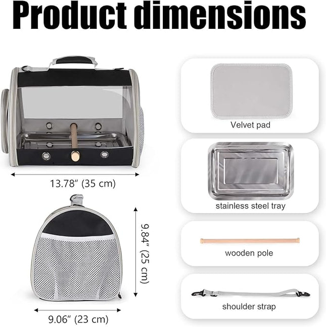 Bird Carrier, Portable Small Bird Cockatiel Conure Parrot Parakeet Carrier with Standing Perch and Stainless Steel Tray, Side Access Window Collapsible (Black, Cylinder Design - Clear)
