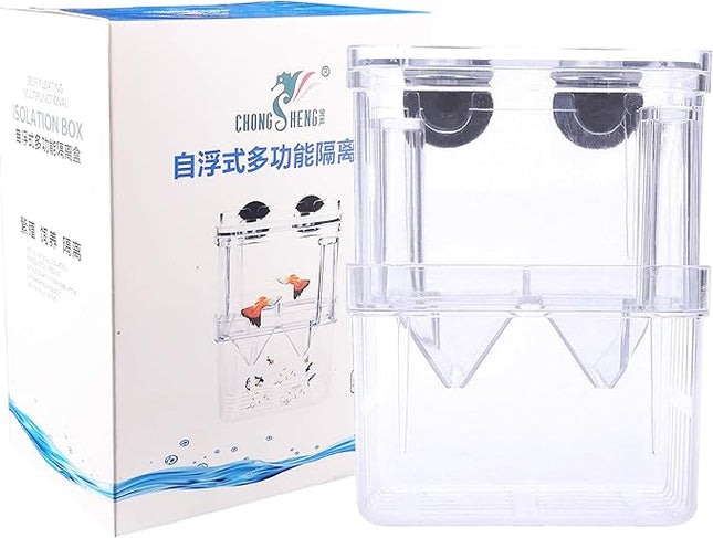 Acrylic Floating Fish Hatchery Isolation Box, Double Layer Fry Hatching Incubator Breeding Rearing Trap, Aquarium Tank Fish Parenting Container Divider with Suction Cups