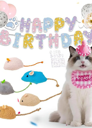 Cat Birthday Gift Set: Outfit Party Hat with Number,Bandana, Catnip Mice Toy, Decoration Bundle with Balloons&Banner suitable for Boy & Girl Kitten-Pink