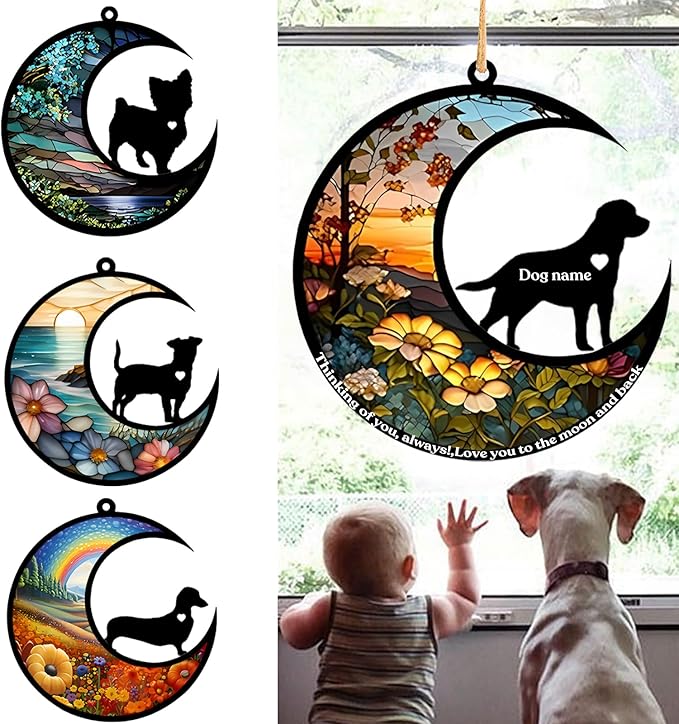 Dog Memorial Suncatcher, Personalized Pet Breeds with Name Date, Stained Glass Light Catcher, Dog Memorials & Funerary Gifts