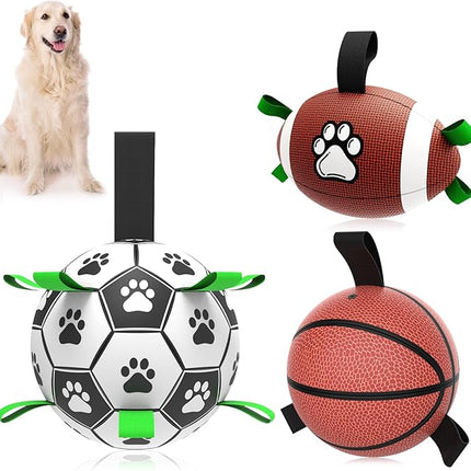 QDAN Dog Soccer Ball Football Basketball Set - 3 PCS Dog Balls with Strap for Tug of War, Soccer Ball Football Toys for Small Medium Large Dogs, Herding Ball for Dogs, Dog Birthday Toy