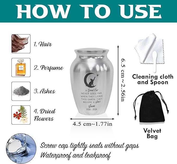 Artsy Woodsy Personalized Pet Memorial Mini Urns - Stainless Steel Decorative Keepsake Urns for Ashes, 2.56 inch, Gifts for Cat Lovers in Loving Memory