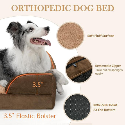Comfort Expression Orthopedic Dog Bed for Small Dogs 24x16 Inch, Waterproof Supportive Egg Crate Foam Small Pet Bed with Removable Bolsters, Dog Couch with Washable Cover & Non-Slip Bottom, Brown